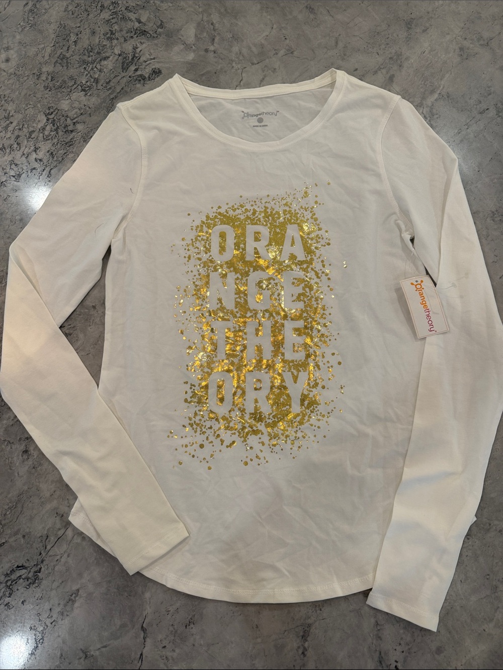 Orangetheory White Long Sleeve Tee with Gold Glitter Logo